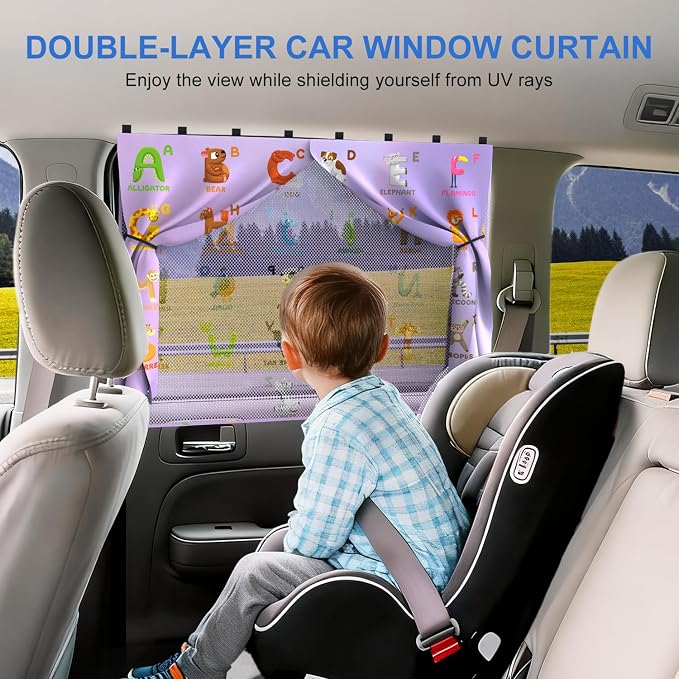 Car Window Shades, [Upgraded] 8 Strong Magnets Magnetic Side Window Sun Shade [2 Pack] - Dual Layer UV Ray Protection Car Sunshade for Baby, Kids & Pets.Animal Alphabet Pattern - Image 2