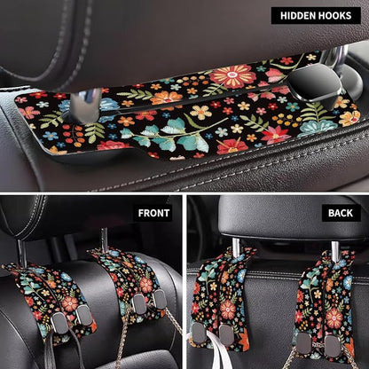 Car Seat Back Storage Headrest Hook, Premium Leather Double Metal Hook, Hanger Storage Organizer for Purse Cloth Bag, Car Interior Accessories Red Boho Flowers - Image 4