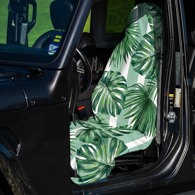 2 Pack Car Seat Towel Covers for Gym, Front Seats, Palm Leaves | Leaf Sweat Protector for Front Seats Premium Thickened with Elastic Strap Breathable & Quick Dry Machine Washable Running - Image 4
