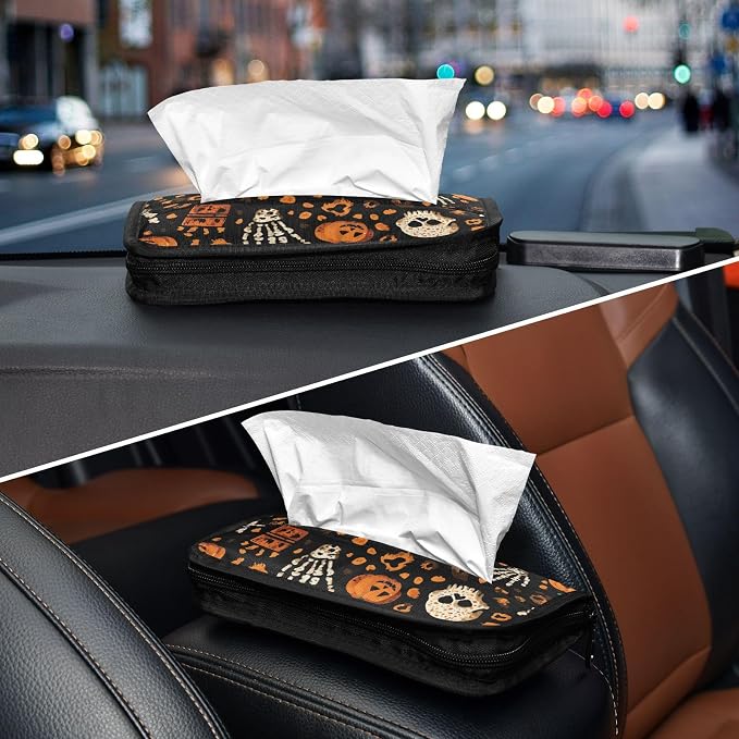 Car Tissue Holder Car Napkin Holder Car Tissue Box Dispenser Storage Case Sun Visor Mask Holder with Adjustable Straps Reusable Refillable Halloween Leopard Pumpkin Skull Brown - Image 8