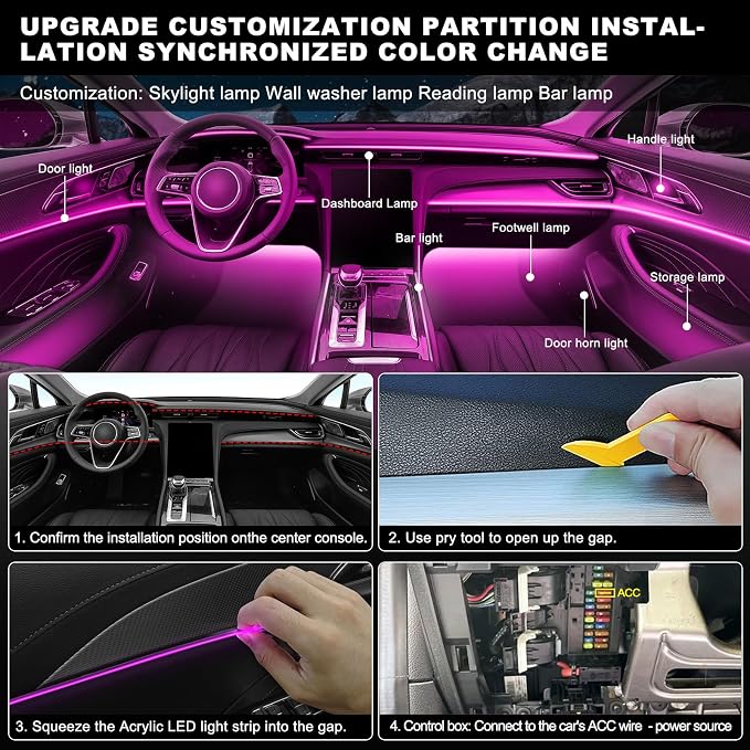 Acrylic Interior Car LED Strip Light with Wireless APP, RGB 18 in 1 with 175 inches 600 LEDs Fiber Optic Strip Lights for Car, Dynamic Chasing Sound Active Neon Car Ambient Lighting Kits - Image 6