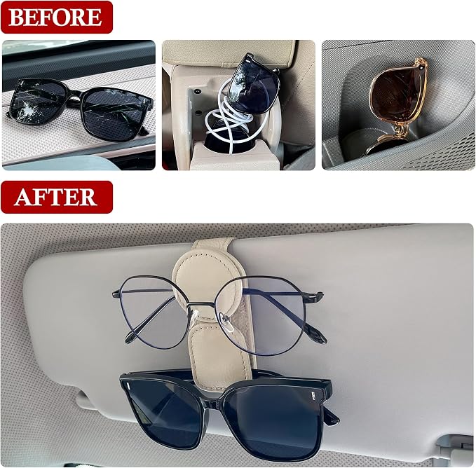 KIWEN 2 Pack Sunglasses Holder for Car Visor, Magnetic Leather Sunglass Eyeglass Hanger Clip for Car Sun Visor Accessories (2, Beige) - Image 3