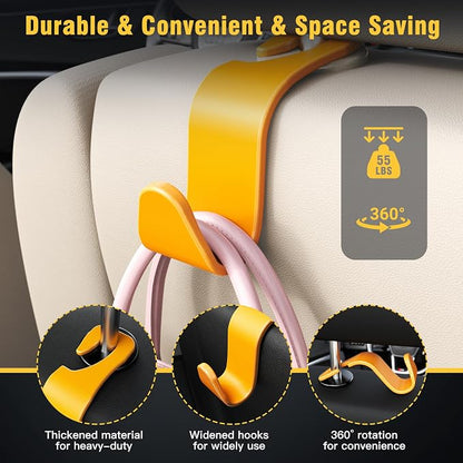 4-Pack Car Headrest Hooks Holds 55lbs Seat Storage Organizer for Bags | Durable ABS Material, 360° Rotating, Car Hanger for Backpack Umbrella Water Bottle Coat Purses Handbags Groceries, Yellow - Image 5