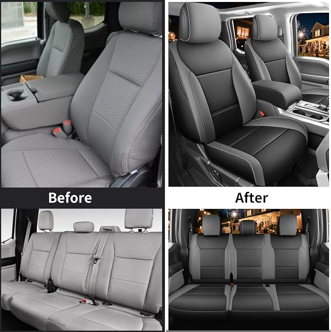 Red Rain Custom Fit Ford F150 Seat Covers SuperCrew/CrewCab 2015-2025 XLT | Breathable Leather Seat Cover Full Set Black and Gray Seat Cushion Cover (F150-Black+Gray) - Image 6