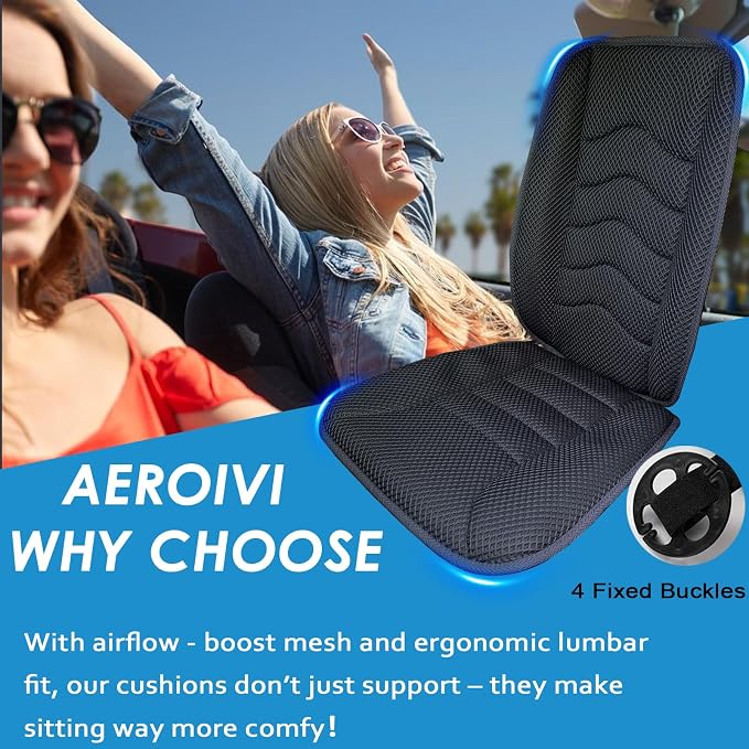 AEROiVi Car Seat Cushion with Back Support Pillow Breathable Mesh Non-Slip | Lumbar Support Car Seat Cushion for Long Sitting Comfort Seat Protector Pad Works with Truck SUV Quick Drying Washable - Image 2