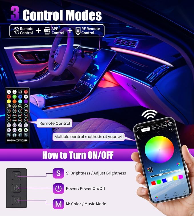 KENANEK 55.12Inch Tesla Interior Lights, 5V USB & Type-C Powered, Acrylic Interior Car LED Strip Lights, App Controlled Music Sync, OEM-Style Ambient Lighting with Dreamcolor Effects (USB-2 Light) - Image 6
