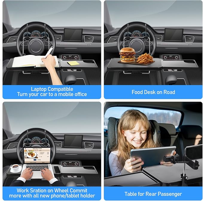 Large Car Steering Wheel Tray Back Seat Headrest Steering Wheel with Phone Holder Desk Food Table for Eating Food and Writing Work, Car Desk Laptop Mount Gifts for Father Truck Driver(2 in 1) - Image 4