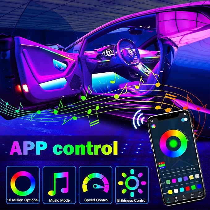 Dreamcolor 6 in 1 Car LED Strip Lights with APP Control and 213 Color Modes, Neon Ambient Lighting Kits - Image 4