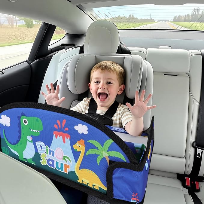 Kids Travel Tray for Toddler Car Seat, Road Trip Activities for Kid | Toddler Car Activities with iPad Holder Stand, Roadtrip Essentials with Dry Erase Board & Cooler Cup Holder,Blue Dinosaur - Image 4