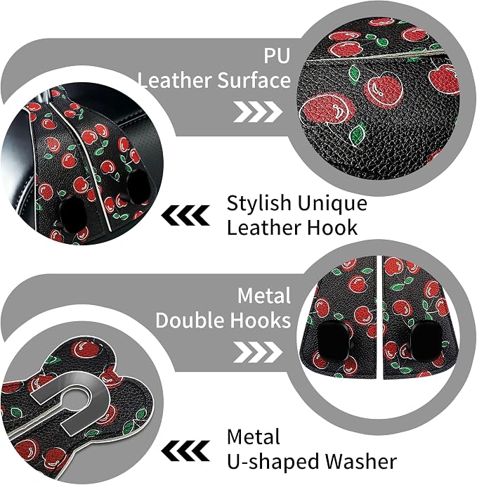 XIANGYUAN 2PCS PU Leather Car Seat Back Storage Headrest Hook,Purse Holder Bags Hanger,Women Car Accessories Organization(Red cherries) - Image 2