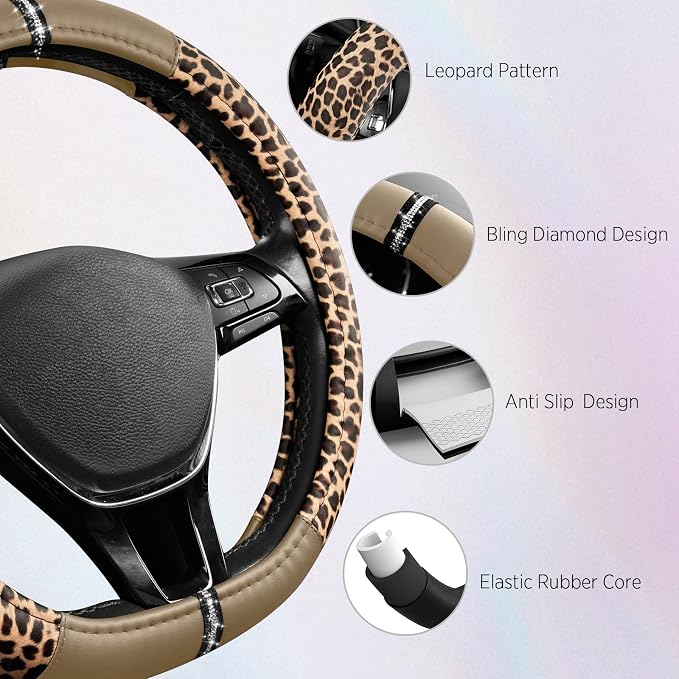 Road Comforts Leopard Steering Wheel Cover for Women, Cute Anti-Slip Microfiber Leather, Fits D Shape Flat Bottom Steering Wheel 14.5-15 Inch - Beige - Image 4