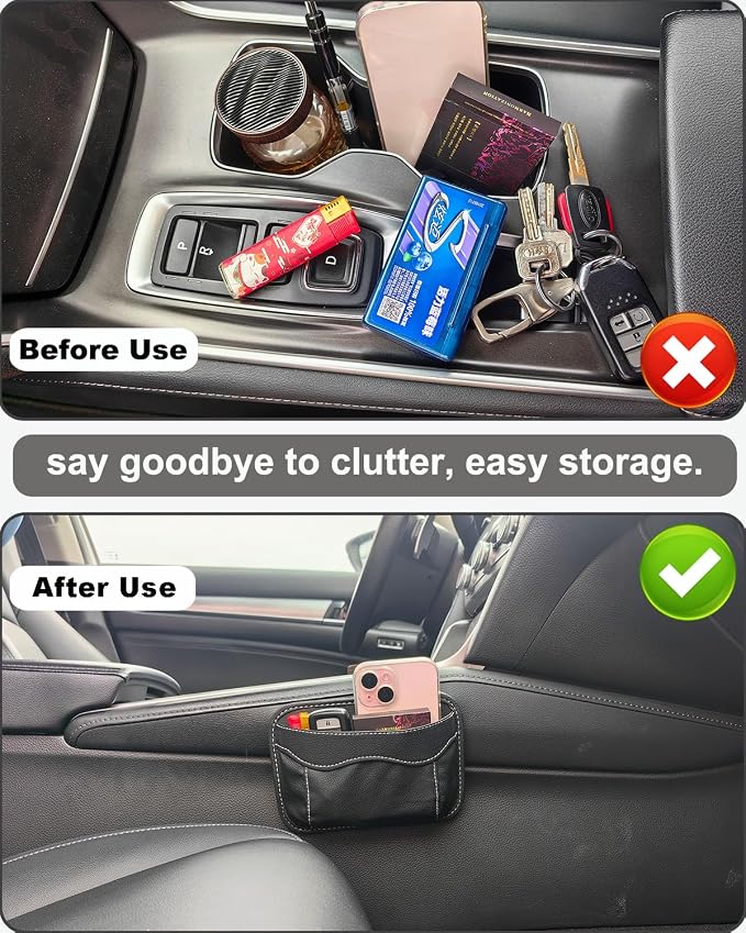 Small Car Seat Side Pocket Organizer, Reusable Adhesive Car Storage Bag | Universal vehicle door & console pouch for phones keys Cards sunglass etc, Suitable for all vehicles, PU Leather, Black - Image 3