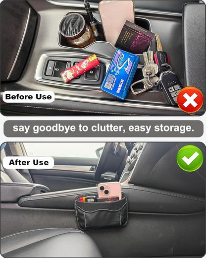 Small Car Seat Side Pocket Organizer, Reusable Adhesive Car Storage Bag | Universal vehicle door & console pouch for phones keys Cards sunglass etc, Suitable for all vehicles, PU Leather, Black - Image 3