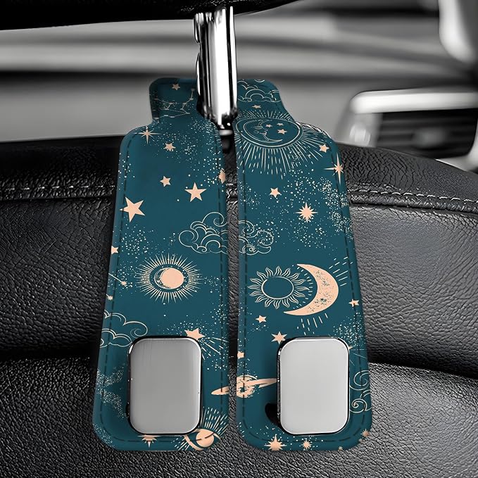 Car Seat Back Storage Headrest Hook, Premium Leather Double Metal Hook, Hanger Storage Organizer for Purse Cloth Bag, Car Interior Accessories Cute Blue Sun Boho - Image 6