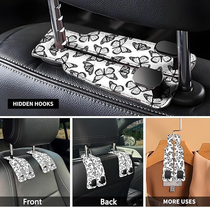 Car Seat Headrest Hook, Universal Leather Cute Hanger Holder Hook, Storage Organizer Interior Accessories for Purse Bags Handbag Black White Cute Butterfly - Image 3