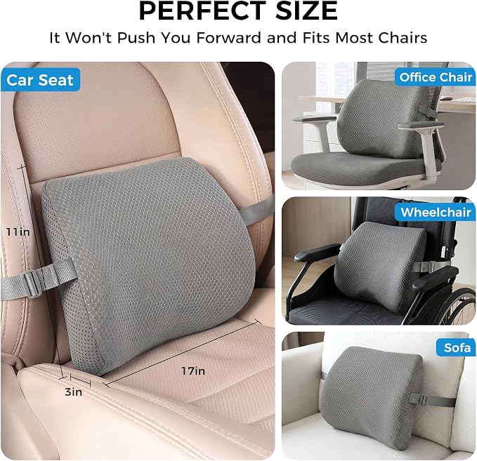 Lumbar Support Pillow for Car & Office Chair - High-Density Memory Foam Back Cushion for Sciatica & Lower Back Pain Relief - Non-Slip Support for Long Commutes & Desk Workers (3D Mesh Gray) - Image 3