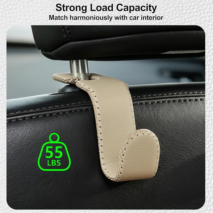 Car Seat Headrest Hook Heavy Duty 55lb Metal Hanger with Leather for Bags | Universal Vehicle Seat Back Organizer, Ergonomic Design, Hang Groceries Handbag Backpack Water Bottle, 4 Pack Beige - Image 5