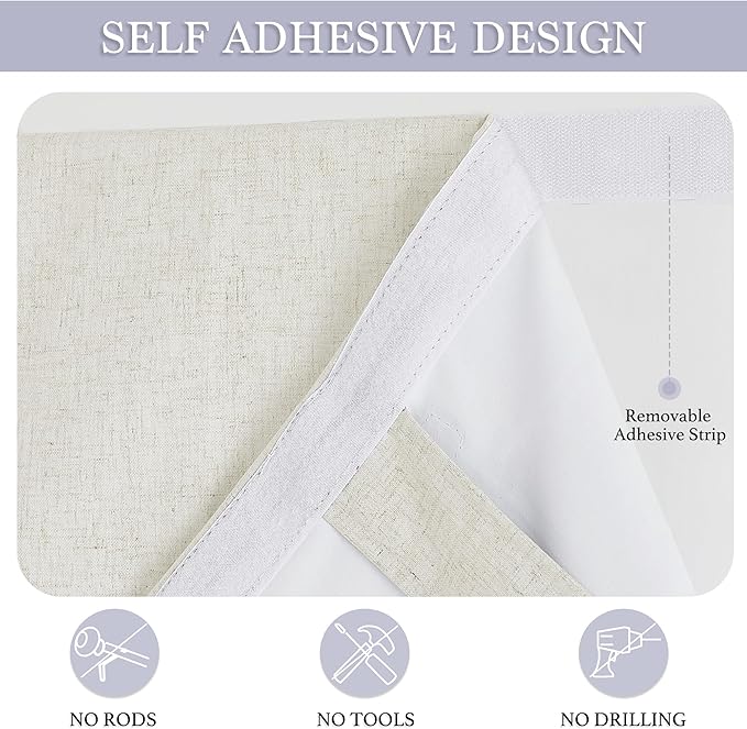 RYB HOME Natural Linen Textured French Door Window Curtains 100% Blackout | Self Adhesive, Thermal Insulated Privacy Energy Saving, Shades for Nursery Office Patio Glass Door, W34 x L80, 1 Panel - Image 2