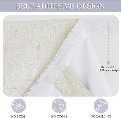 RYB HOME Natural Linen Textured French Door Window Curtains 100% Blackout | Self Adhesive, Thermal Insulated Privacy Energy Saving, Shades for Nursery Office Patio Glass Door, W34 x L80, 1 Panel - Image 2