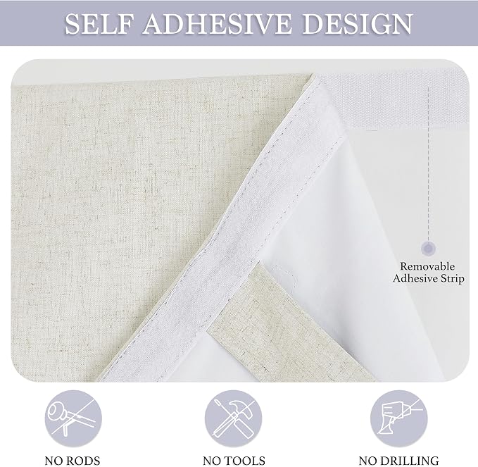 RYB HOME Natural Linen Textured French Door Window Curtains 100% Blackout | Self Adhesive, Thermal Insulated Privacy Energy Saving, Shades for Nursery Office Patio Glass Door, W34 x L40, 1 Panel - Image 2