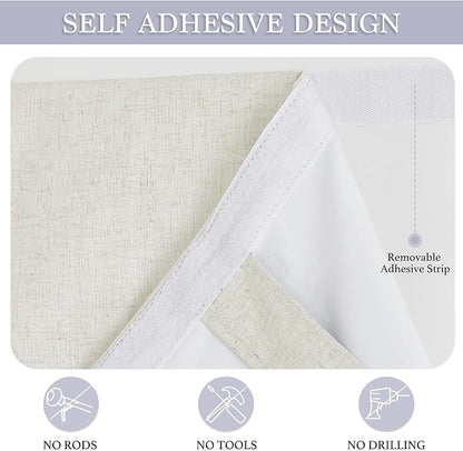 RYB HOME Natural Linen Textured French Door Window Curtains 100% Blackout | Self Adhesive, Thermal Insulated Privacy Energy Saving, Shades for Nursery Office Patio Glass Door, W34 x L40, 1 Panel - Image 2