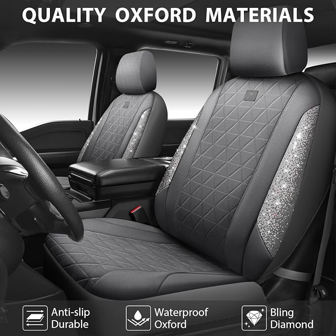 CAR PASS Gray Oxford Bling Diamond Car Seat Covers Full Set Interior Sets, Waterproof Shining Glitter Sparkly Crystal Universal Armrest Fit 95% Automotive Truck SUV Cute Women Girl, Gray Rhinestone - Image 8