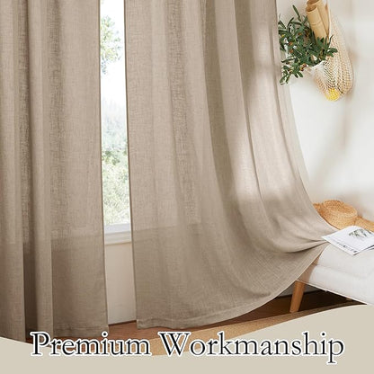 RYB HOME Sheer Linen Curtains 90 inches Long for Living Room | Rod Pocket, Easy Sliding, Linen Blend, Light Filtering, Privacy Protected, Dining Room Bedroom, Khaki, 2 Panels - Image 6