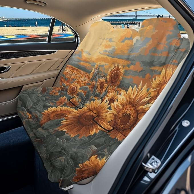 Oil Painting Sunflower Print Rear Bench Towel Seat Covers, Nonslip Back Seat Cover Washable Bench Seat Covers, Wear-Resistant Car Seat Covers Protector for Dogs by LACIYISON