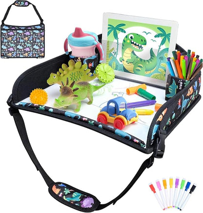 Kids Travel Tray for Carseat for Road Trip Activities, Dinosaur | Carseat Tray With 16.7" x 13.4" Smooth Dry Erase Board, Cup holders, Ddjustable Strap & Shoulder Carry Strap by AZAMIA