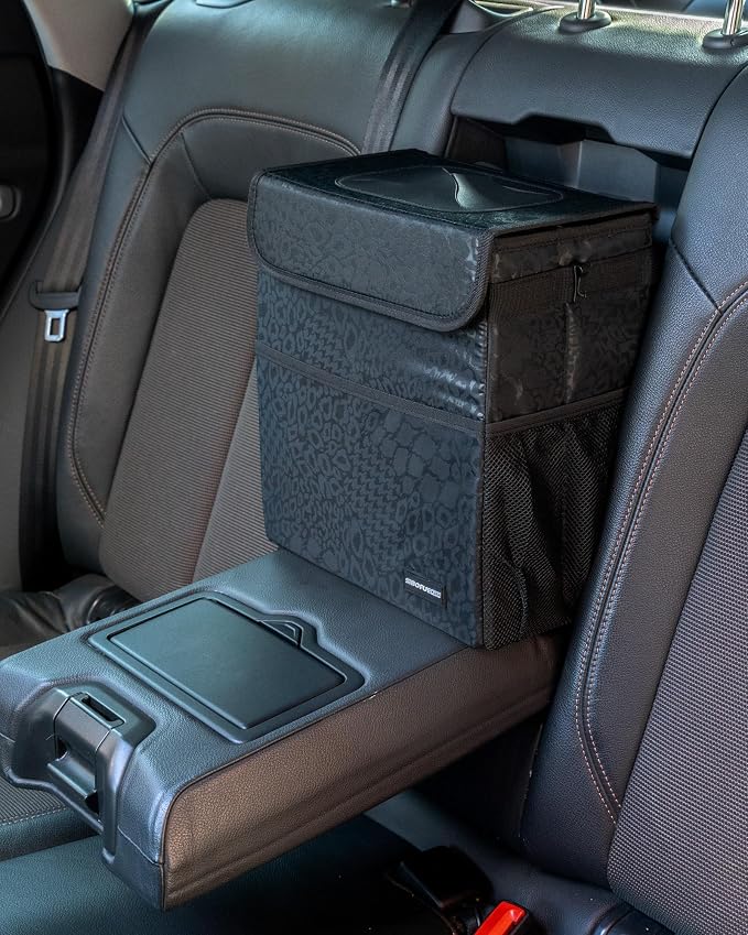 SIBOFUEGO Sturdy 3 Gallon Car Trash Can - Ultra Large Capacity, Leak Proof, Waterproof Car Organizer and Storage with Pockets and Adjustable Straps, Collapsible Interior Car Accessory (Black Leopard) - Image 6