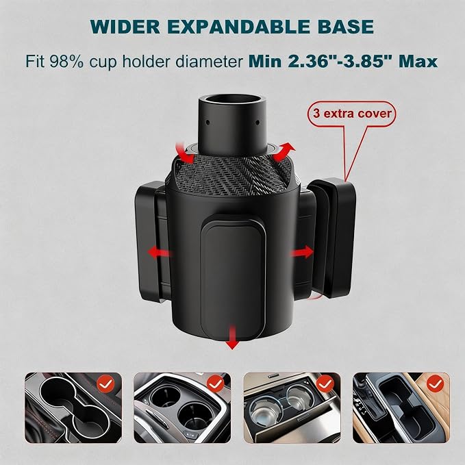 Car Cup Holder Expander, Adjustable 2.95"-5.5" for 10-64oz Bottles, Expandable Base with Anti-Slip Pads - Image 2