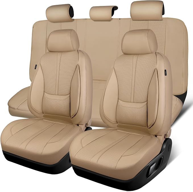 CAR PASS Nappa Leather Seat Covers Full Set, 3D Foam Faux Leather Car Seat Covers with Lumbar Support, Water Resistant Comfort & Universal Fit for Cars SUV Truck Most Vehicles, All Beige - Image 9