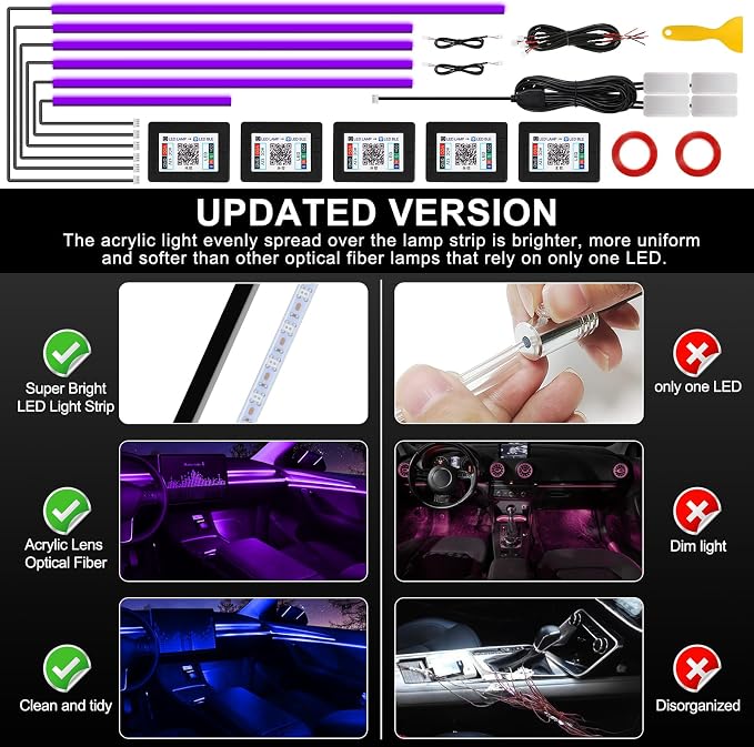 Acrylic Interior Car LED Strip Light with Wireless APP, 10 in 1 with 175 inches 593 LEDs Neon LED Strip Light, RGB Colors Dynamic Music Sync Car Ambient Lighting Kits - Image 6