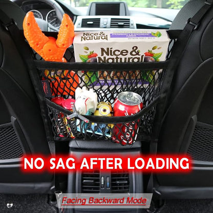 Car Organizer Between Front Seats, Purse Holder, Dog Barrier, Mesh Net Bag | AMEIQ Car Accessories, 3 Layers Net 2 Pockets Storage Bag, Purse Handbag Holder, Backseat Kid Pet Barrier, Black, Patented - Image 7