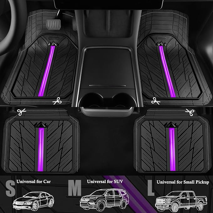 CAR PASS Metal Medium Rubber Floor Mats for Car Heavy Duty Car Mats All Weather, Universal Trim to Fit for Truck SUV Vehicle Automotive Floor Mats, Waterproof Car Mats 4 Piece Black Purple - Image 2
