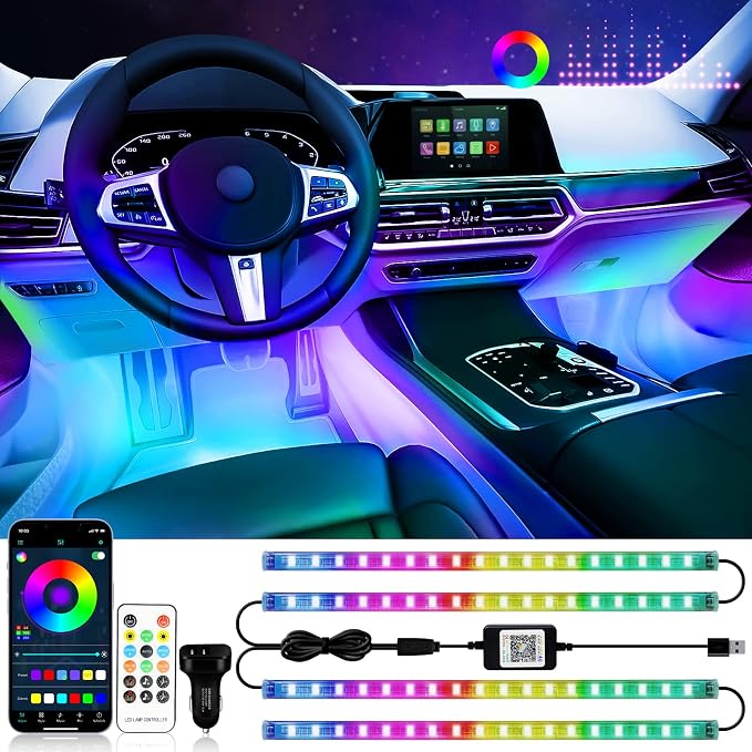 RGB 72 LED Interior Car Strip Lights with Smart APP Control, 2 Lines Design | Music Sync Under Dash Footwell Neon Internal Lighting,12V LED Strip Lights for Cars, Trucks, SUVs with Car Charger(1 Set) by DUOFU365