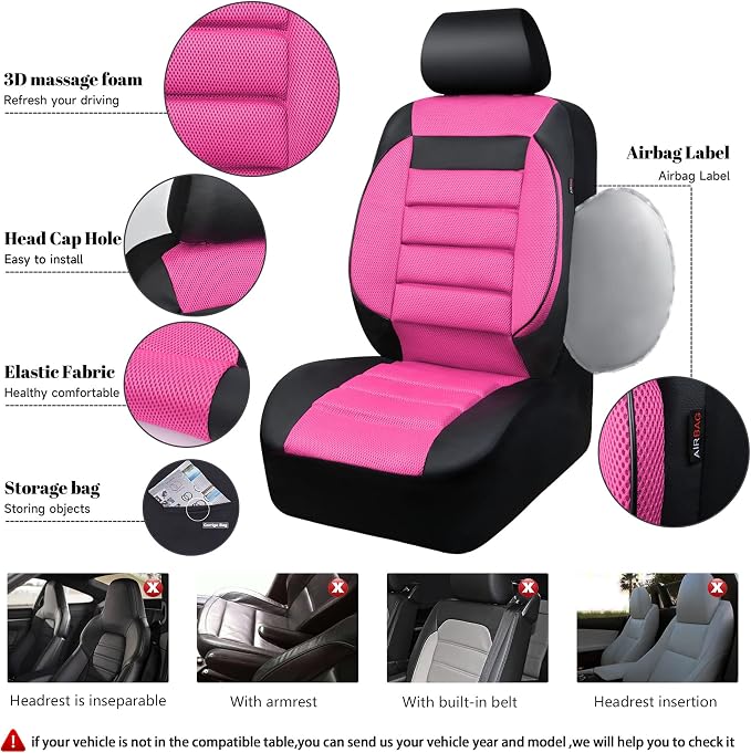 CAR Pass Leather 3D Foam Back Support Car Seat Covers Full Set Air Mesh Automotive Seat Covers, All Season Car Seat Cover Fit Automotive,SUV,Sedan,Van, Airbag Compatible Elegance (Black and Pink) - Image 4