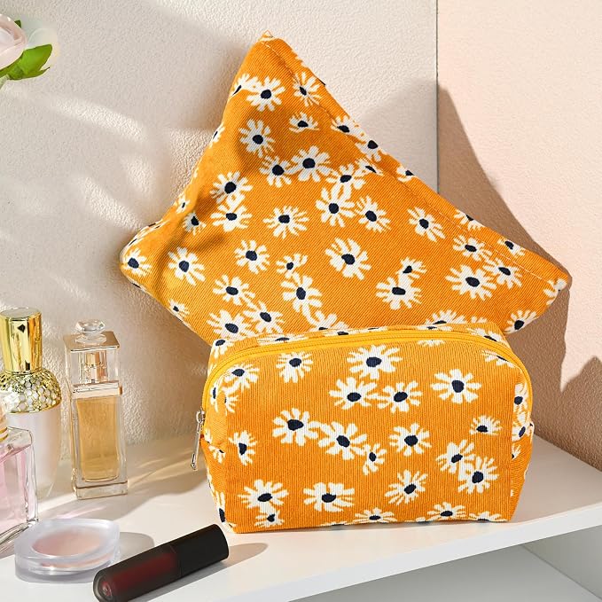 SOIDRAM 2 Pieces Flower Makeup Bag Large Cosmetic Bag Capacity Canvas Mix Travel Toiletry Bag Organizer Cute Makeup Brushes Aesthetic Accessories Storage Bag for Women,Little Flower Mix Yellow - Image 7