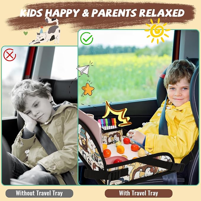 Kids Travel Tray for Airplane - Toddler Car Seat Table Tray, Road Trip Essentials for Boys & Girls, Carseat Lap Desk for Kids Road Trip Activities, Cute Kitten - Image 2