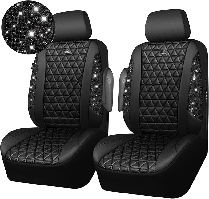 CAR PASS Bling Diamond Leather Car Seat Covers 2 Front Seats Interior Sets, Waterproof Shining Glitter Sparkly Crystal Universal Armrest Fit Automotive Truck SUV Cute Women Girl, Black PU Rhinestone - Image 9