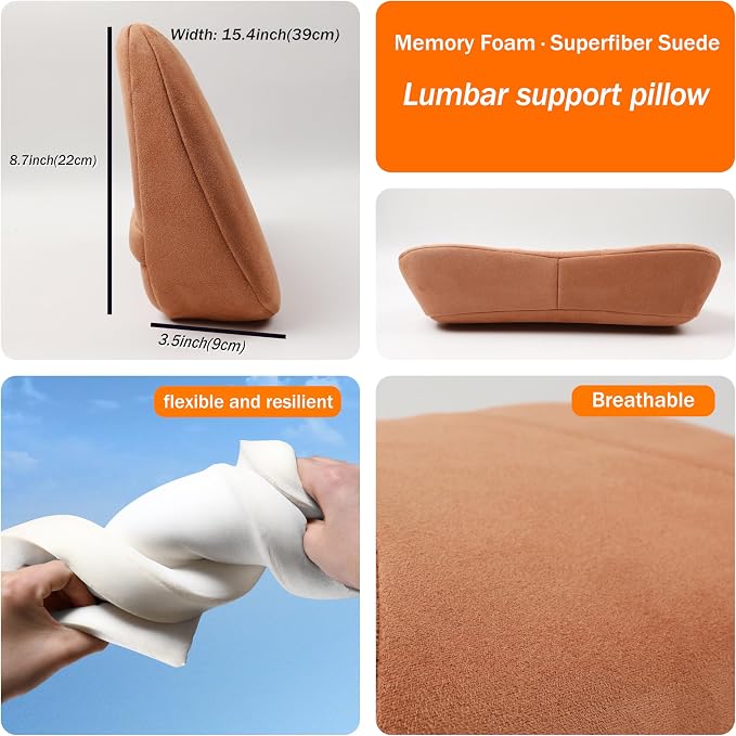 Lumbar Support Pillow,Back Pain Relief Cushion,fits tightly around the waist,Memory Foam,Skin-friendly Suede Fabric,fit Car Drive,Office chair,Rest seat,Improve Posture,Portable,15.5''Lx 8.7''H - Image 5