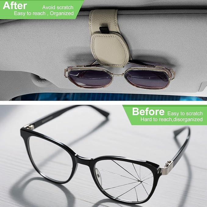2 Pack Magnetic Leather Sunglasses Holder For Car，Car Visor Accessories And Ticket Card Clip，Fit Different Size Eyeglasses (Beige) - Image 3