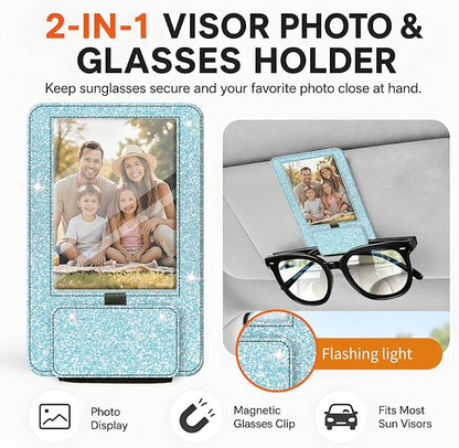 2-in-1 Car Visor Sunglasses & Photo Holder, Magnetic PU Leather Glasses Clip with Picture Display Slot, Universal Sun Visor Organizer for Eyeglasses, Personalized Cards & Memories, Holographic Glitter - Image 3