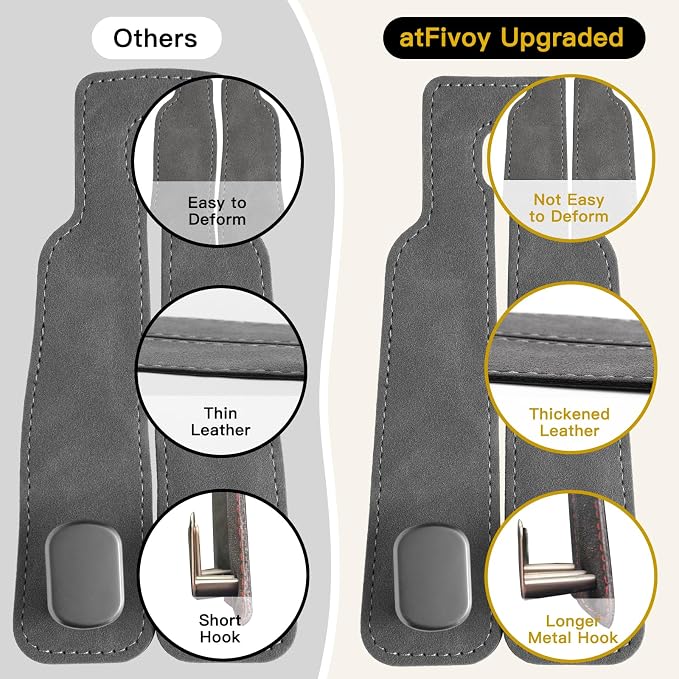 WideFit Car Headrest Hooks, 2 Pack for Wide-Strap Bags, Gray | 0.98 in opening fits thick purse straps. Premium leather and dual metal hooks hold up to 40 lb and rotate 360°. - Image 5