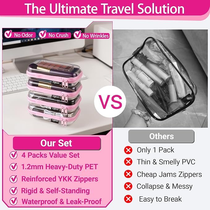 YQBRAO Clear Hard Shell Zipper Cases, 4 Small Cable Organizers, Pink | Rigid 1.2 mm PET and YKK dual zippers for cosmetics, charging cords, pens and travel accessories - Image 2