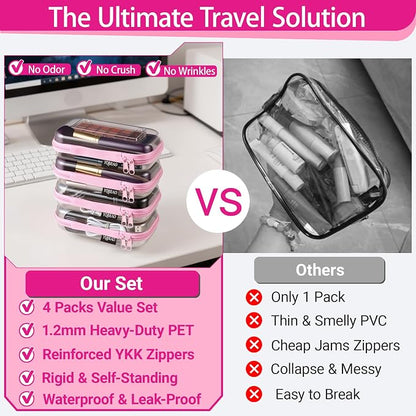 YQBRAO Clear Hard Shell Zipper Cases, 4 Small Cable Organizers, Pink | Rigid 1.2 mm PET and YKK dual zippers for cosmetics, charging cords, pens and travel accessories - Image 2