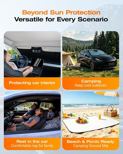 Windshield Sun Shade for Tesla Model Y/Juniper and Model 3/Highland, Beige | Fits 2014-2026, 240T Heat Shield, 99% UV Protection and Heat Insulation, Foldable, Storage Bag Included, Reusable Heat Shield - Image 7