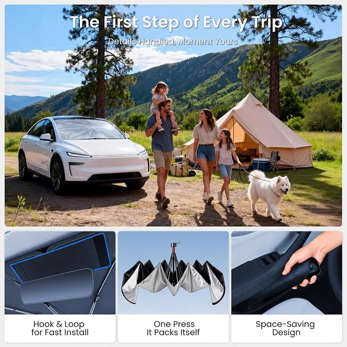 REEVAA Windshield Sun Shade Umbrella for Tesla Model Y Juniper 2017-2026,Z4 | Stay Cool in Summer, 6-Layer Heat Defense Blocks Sun & Heat, Precision Fit for Tesla Model Y, Durable 10-Rib Frame - Image 6