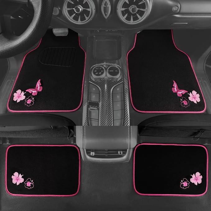 CAR PASS Embroidery Butterfly and Flower Car Floor Mats, Pink Car Floor Mats Universal Fit 95% Automotive,SUVS,Sedan,Vans,for Cute Women,Girly,Set of 4 (Black with Pink) - Image 4