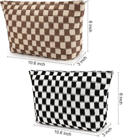 SOIDRAM 2 Pieces Makeup Bag Large Checkered Cosmetic Bag Capacity Canvas Travel Toiletry Bag Organizer Cute Makeup Brushes Aesthetic Accessories Storage Bag for Women, Checkered L Black Brown - Image 3